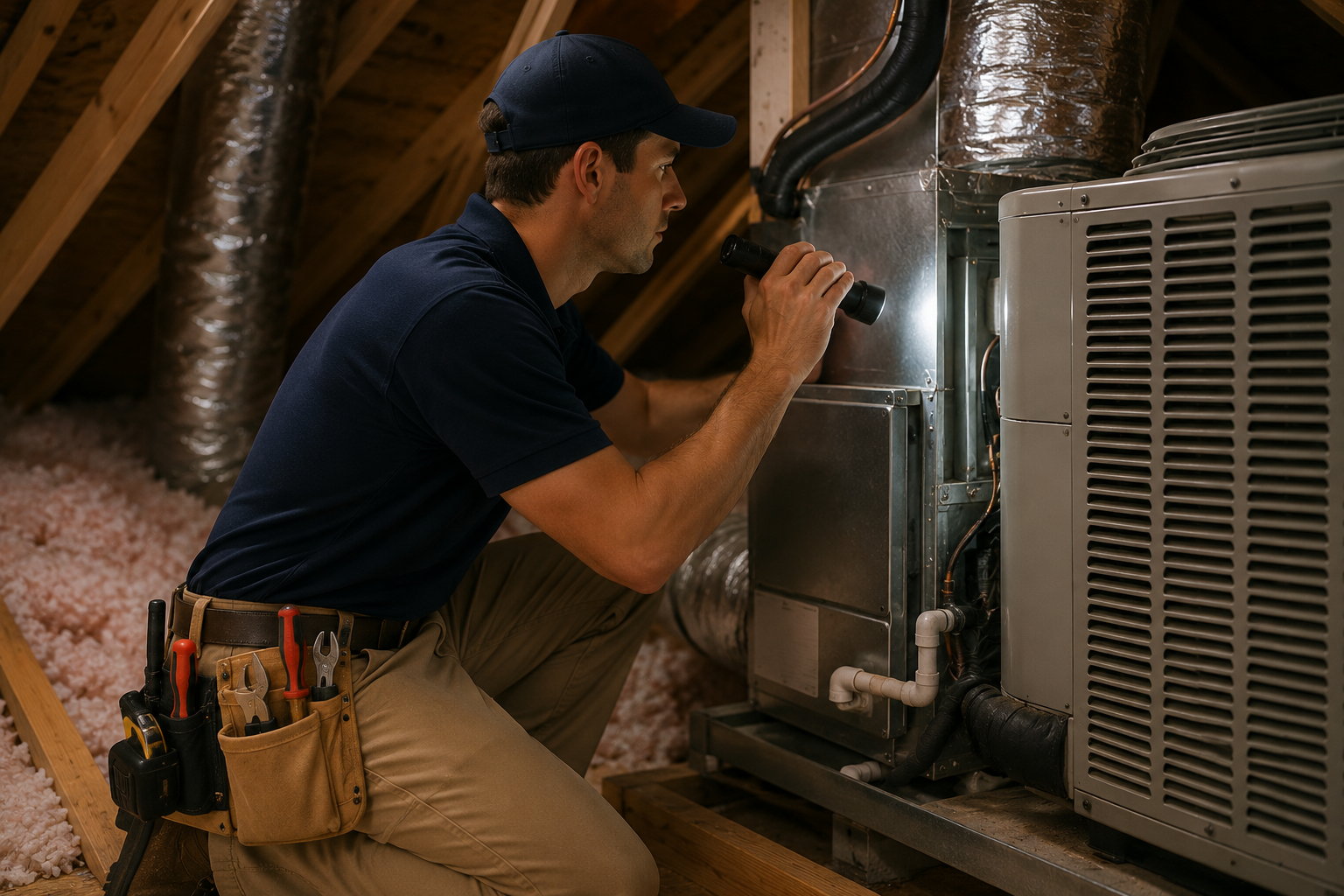 Licensed home inspector evaluating HVAC system and property condition