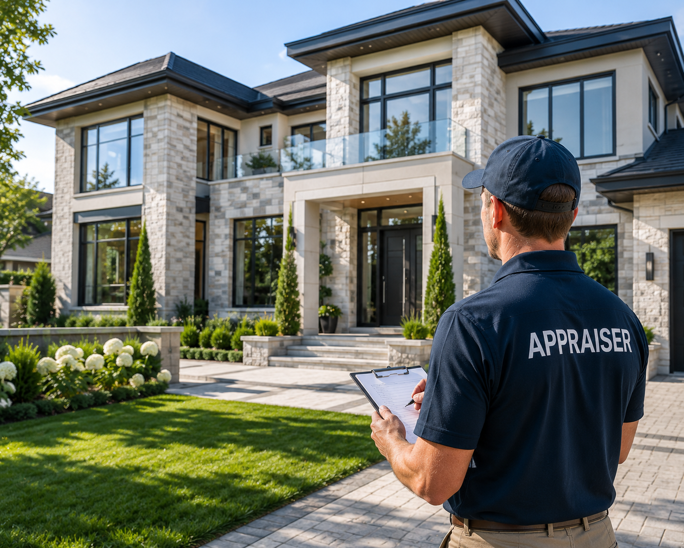 Appraiser completing property appraisal report in front of the home
