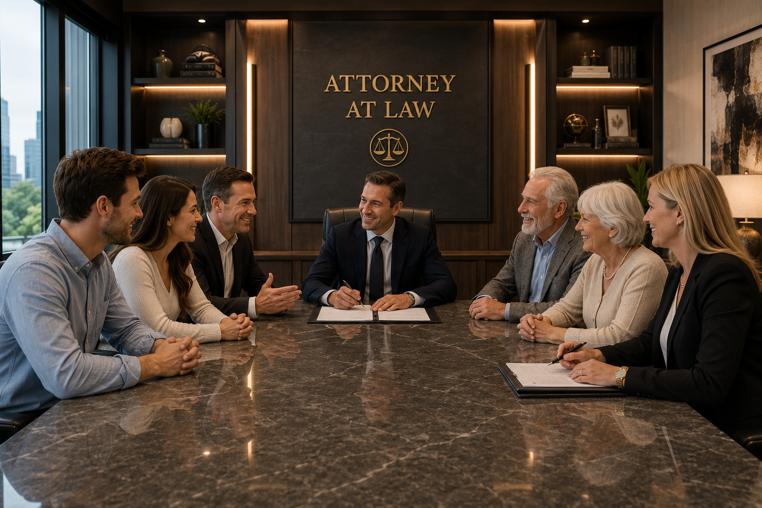 Closing day — buyers, sellers, and attorney signing final documents at law office