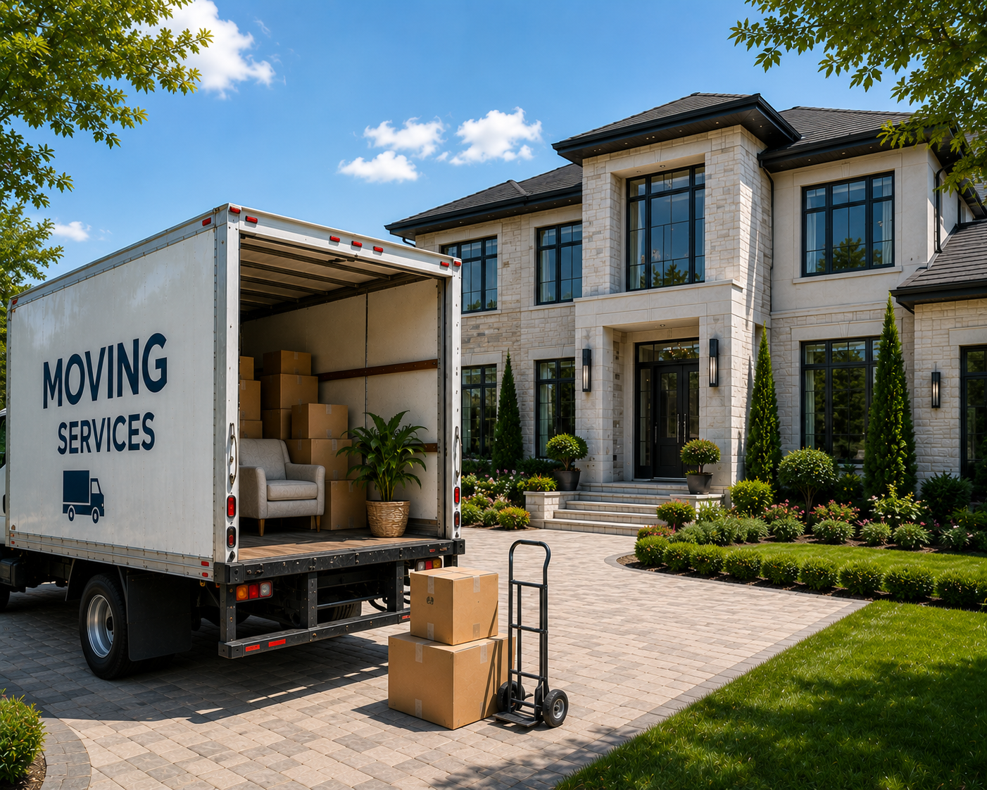 Moving truck loaded with boxes outside seller's home during pre-closing preparation