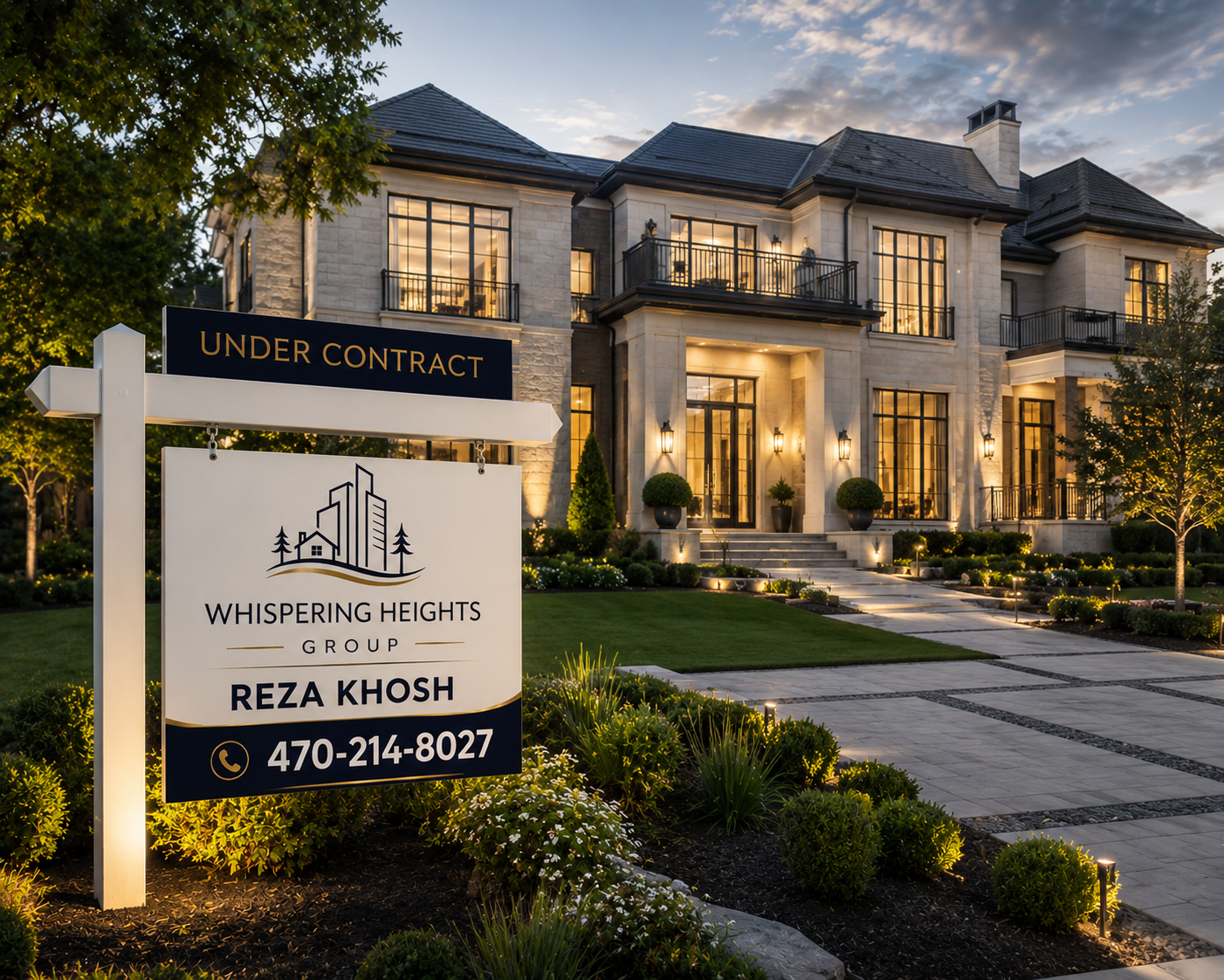 Under contract — Whispering Heights Group yard sign in front of luxury home