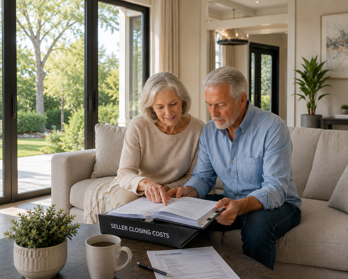 Sellers reviewing closing cost summary and seller closing costs binder at home